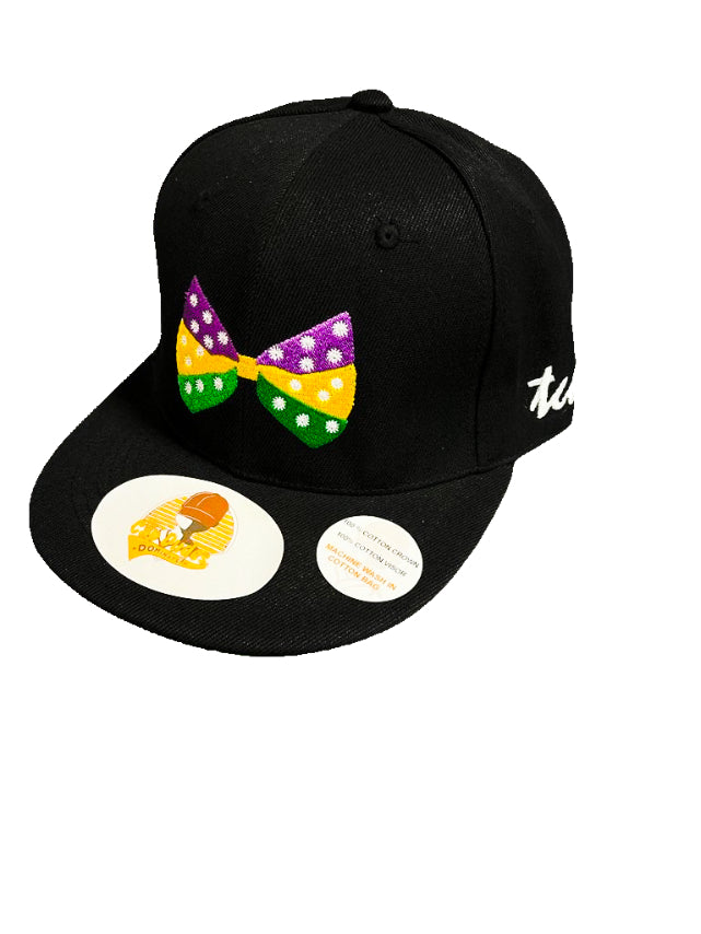 Bowtie Hat - Yellow Purple Green - Black Baseball Hat 100% Cotton - The Cap Dudes - Front View