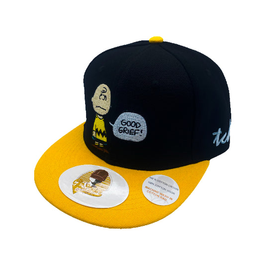 Peanuts Cartoon - Charlie Brown Black Baseball Hat - Embroidered Snapback Adjustable Fit 100% Cotton - The Cap Dudes - Front View