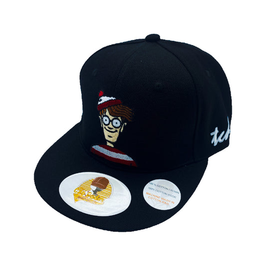 Where's Wally Cartoon - Wally Black Baseball Hat - Embroidered Snapback Adjustable Fit 100% Cotton - The Cap Dudes - Front View