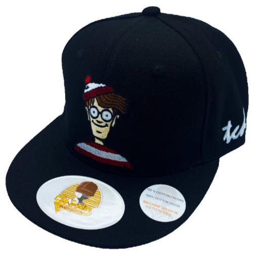 Where's Wally Cartoon - Wally Black Baseball Hat - The Cap Dudes - Front View